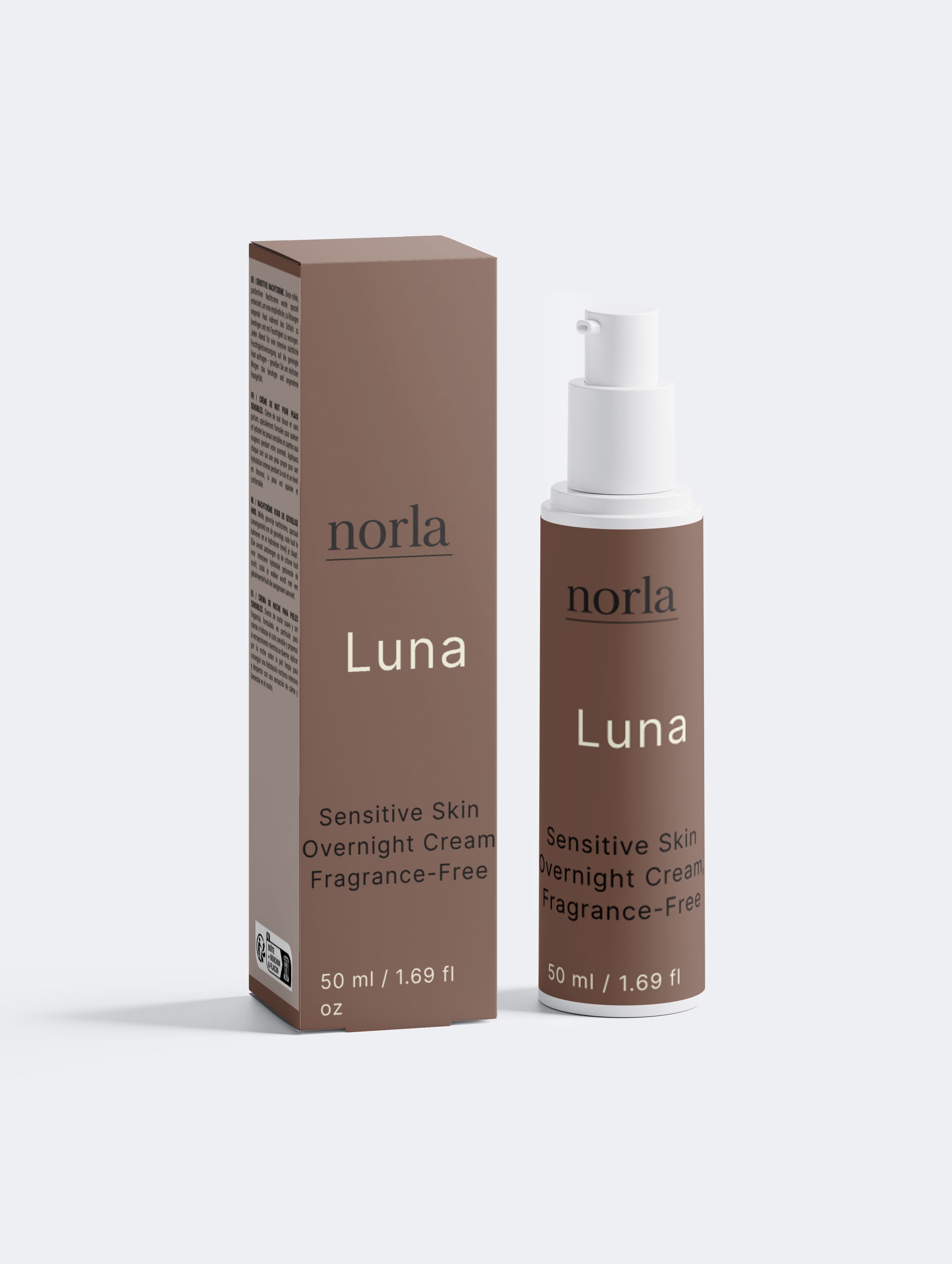 Norla Luna fragrance-free overnight cream, 50 ml taupe pump bottle beside its matching carton